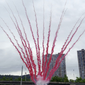 Дневной веерный салют Красный дым с треском искр по середине 15 залпов для гендер пати БС0715120-КТ купить в Ростове на Дону